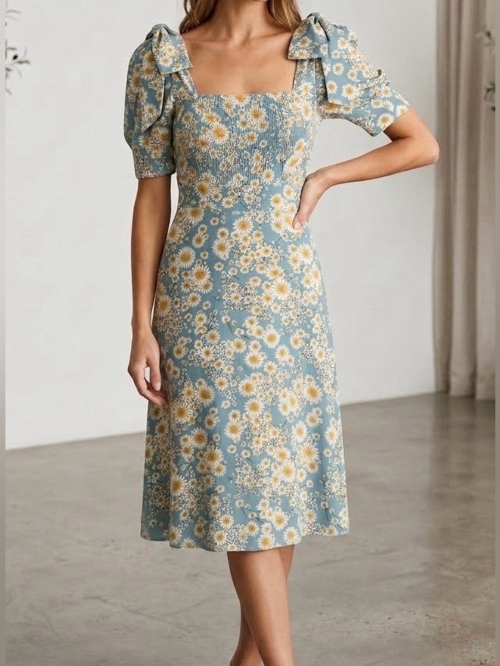 Daisy-Print Square Neck Midi Dress in Dusty Blue